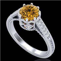 1.25 CTW Intense Fancy Yellow Diamond Engagement Art Deco Ring 18K White Gold - REF-195X5T - 37525
