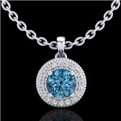 1 CTW Intense Blue Diamond Solitaire Art Deco Stud Necklace 18K White Gold - REF-138X2T - 37663