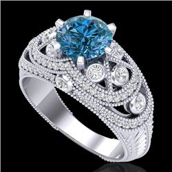 2 CTW Intense Blue Diamond Solitaire Engagement Art Deco Ring 18K White Gold - REF-309H3A - 37978