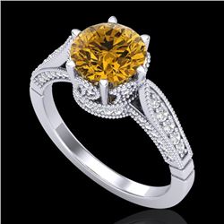 2.2 CTW Intense Fancy Yellow Diamond Engagement Art Deco Ring 18K White Gold - REF-336W4F - 38092