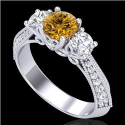 1.81 CTW Intense Fancy Yellow Diamond Art Deco 3 Stone Ring 18K White Gold - REF-236F4N - 38029