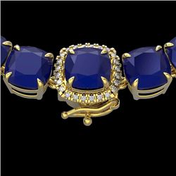 116 CTW Sapphire & VS/SI Diamond Halo Micro Necklace 14K Yellow Gold - REF-467X3T - 23345