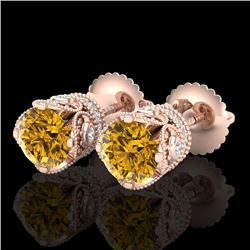 1.85 CTW Intense Fancy Yellow Diamond Art Deco Stud Earrings 18K Rose Gold - REF-172K8W - 37414