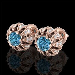 2.01 CTW Fancy Intense Blue Diamond Art Deco Stud Earrings 18K Rose Gold - REF-210M9H - 37734