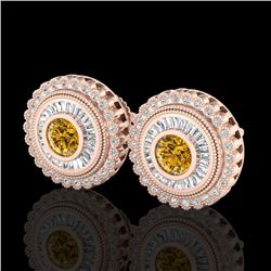 2.61 CTW Intense Fancy Yellow Diamond Art Deco Stud Earrings 18K Rose Gold - REF-300X2T - 37911