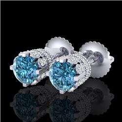 1.75 CTW Fancy Intense Blue Diamond Art Deco Stud Earrings 18K White Gold - REF-172T8M - 37355