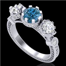 1.75 CTW Intense Blue Diamond Solitaire Art Deco 3 Stone Ring 18K White Gold - REF-227T3M - 37880