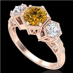 1.66 CTW Intense Fancy Yellow Diamond Art Deco 3 Stone Ring 18K Rose Gold - REF-254F5N - 38058