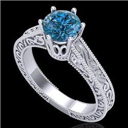 1 CTW Intense Blue Diamond Solitaire Engagement Art Deco Ring 18K White Gold - REF-200M2H - 37572