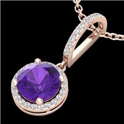 2 CTW Amethyst & Micro Pave VS/SI Diamond Necklace Designer Halo 14K Rose Gold - REF-44A8X - 23190