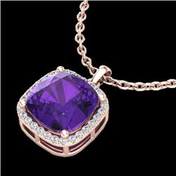 6 CTW Amethyst & Micro Pave Halo VS/SI Diamond Necklace 14K Rose Gold - REF-46N2Y - 23074