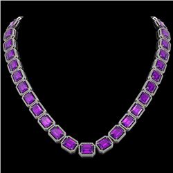 76.69 CTW Amethyst & Diamond Halo Necklace 10K White Gold - REF-711X3T - 41513