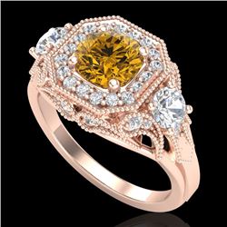 2.11 CTW Intense Fancy Yellow Diamond Art Deco 3 Stone Ring 18K Rose Gold - REF-283A6X - 38303