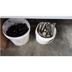 2 PAILS OF BOLTS SPRING WASHERS AND BOX OF WOOD KNOBS