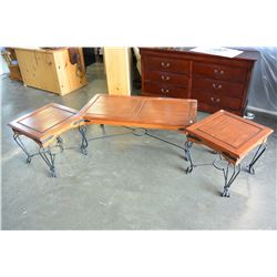 METAL AND WOOD COFFEE AND TWO ENDTABLES SET