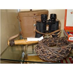 8 LEATHER WHIP AND BINOCULARS WITH CASE