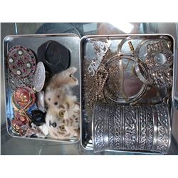 TWO TRAYS OF SILVER AND METAL JEWELLRY