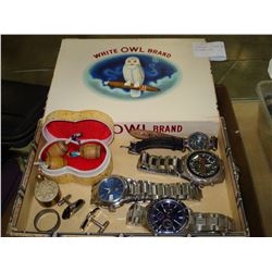 VINTAGE CIGAR BOX WITH ESTATE WTCHES ETC