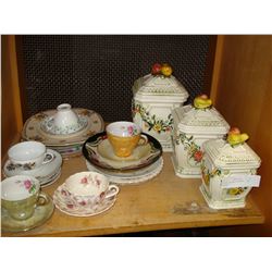 SET OF 3 CANNISTERS, LOT OF CHINA CUPSAND SAUCERS, AND PLATES