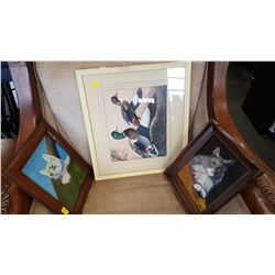 2 CAT PAINTINGS AND DUCK PICTURE