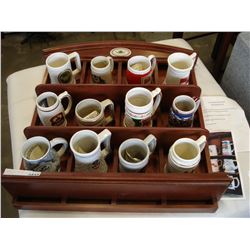 10 FRANKLIN MINT BEER MUGS WITH DISPLAY RACK