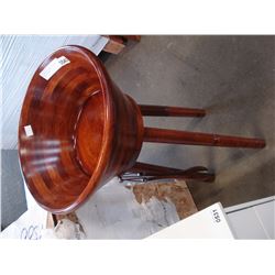 WOODEN SALAD BOWL ON STAND WITH UTENSILS