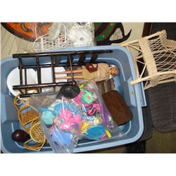 TOTE OF DOLL HOUSE AND DOLL FURNITURE