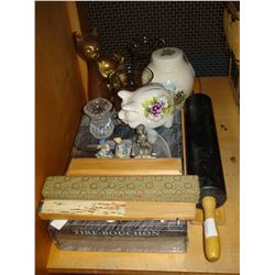 MARBLE ROLLING PIN, METAL CATS, AND SHIP GLASSES AND PIGGY BANK AND JAR