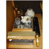 Image 1 : MARBLE ROLLING PIN, METAL CATS, AND SHIP GLASSES AND PIGGY BANK AND JAR