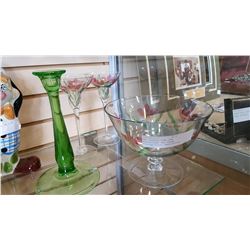 HAND PAINTED BOWL AND CANDLESTICKS AND GREEN VASELING GLASS CANDLESTICK