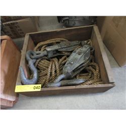 Crate of Vintage Pulleys & Rope