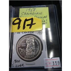1958 Canadian Silver Dollar Coin - .800 Silver