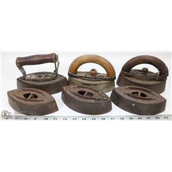 6 ASSORTED ANTIQUE STOVE TOP IRONS