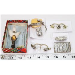 BOX OF JEWELRY INCL ANTIQUE SCOTTISH KILT PIN