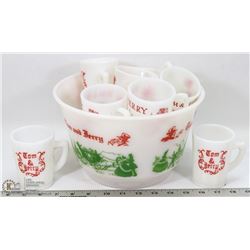 VINTAGE 13PC TOM & JERRY MILK GLASS PUNCH SET INCL