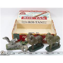 CIGAR BOX WITH 4 VINTAGE  CAST IRON ANIMALS