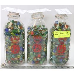 3 MILK BOTTLES OF VINTAGE CATS EYE MARBLES