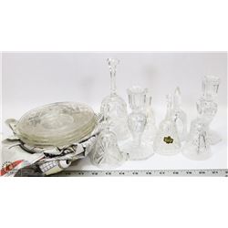 BOX LOT OF ESTATE PINWHEEL CRYSTAL BELLS & PLATES