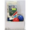 Image 1 : BOX OF BOCCE BALLS AND 4 NEW SAFE LAWN TOSS