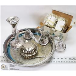 ESTATE BOX OF SILVERPLATED ITEMS AND PARTYLIGHT