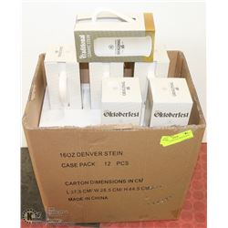 BOX OF 12 NEW 16OZ BEER STEINS.