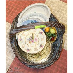 LARGE BASKET WITH ASSORTED COLLECTIBLE PLATES