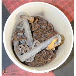 BUCKET OF ASSORTED CHAINS WITH LARGE HOOKS