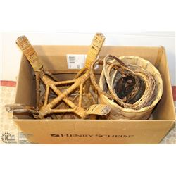 LOT OF WICKER BASKETS AND A STOOL