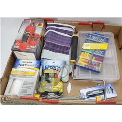 FLAT OF ASSORTED TOOLS & HARDWARE ITEMS, INCLUDES