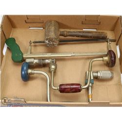 VINTAGE WOOD BRACES, ANTIQUE WOOD MALLET, AND A