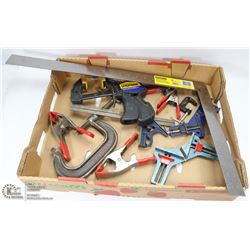 FLAT OF ASSORTED CLAMPS, RULERS & STANLEY SQUARE