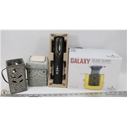 NEW GLASS TEAPOT, WINE OPENER, WAX MELTER