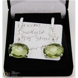 #8-GREEN AMETHYST & CZ  GEMSTONE EARRINGS
