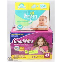 BOX OF L-XL GOODNIGHTS DIAPERS WITH BOX OF PAMPERS